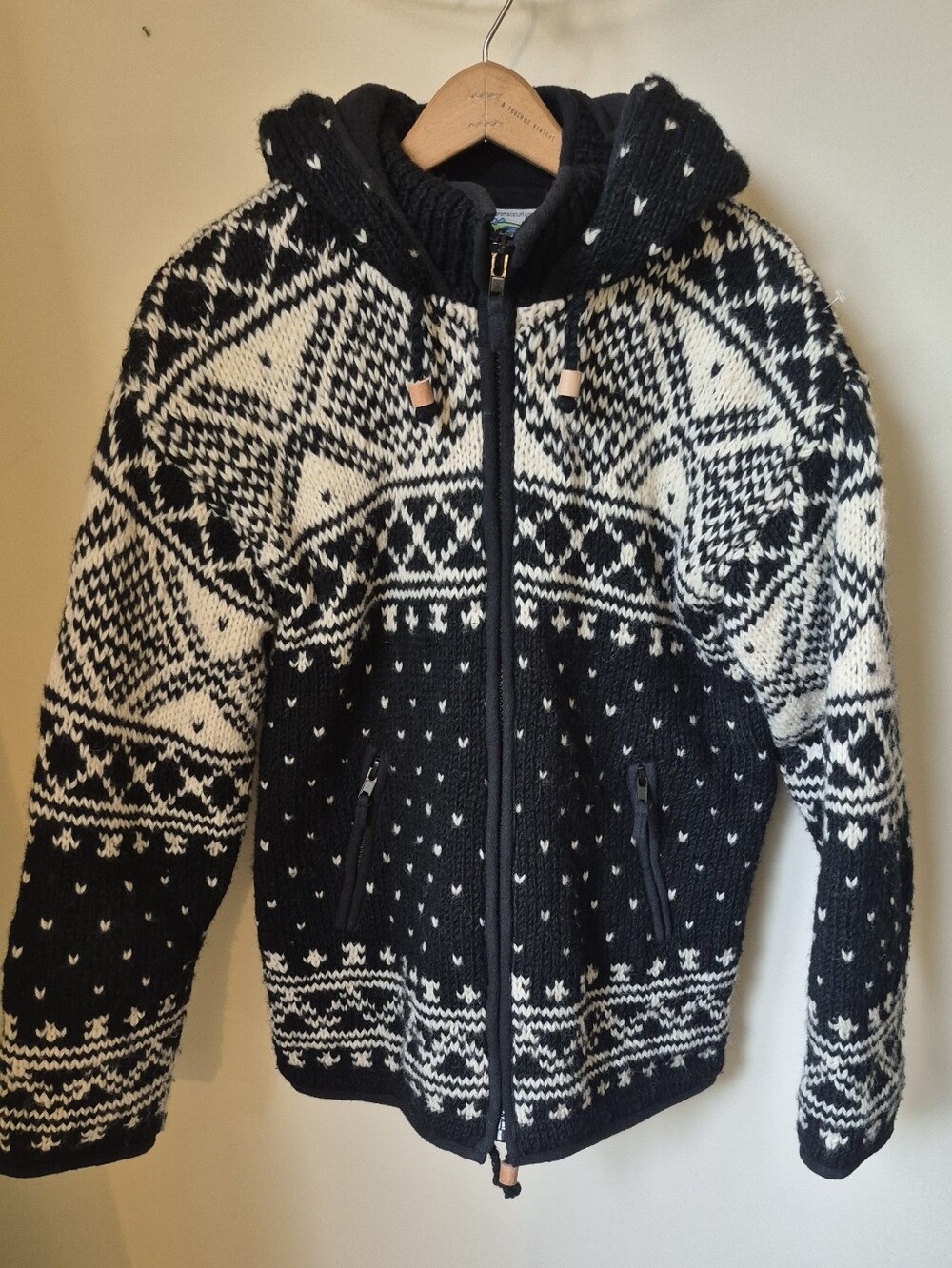 Laundromat Handknit Wool Fleece Lined Zip Hoodie Black Ivory Size L Nordic Fair
